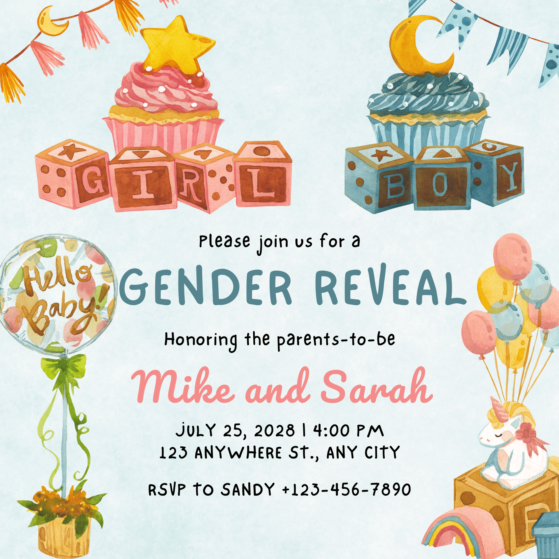 JMiY Invitations Bunting Personalized Gender Reveal Invitation – Digital Download | Custom Baby Reveal Party Invite | Emailed PDF or JPG