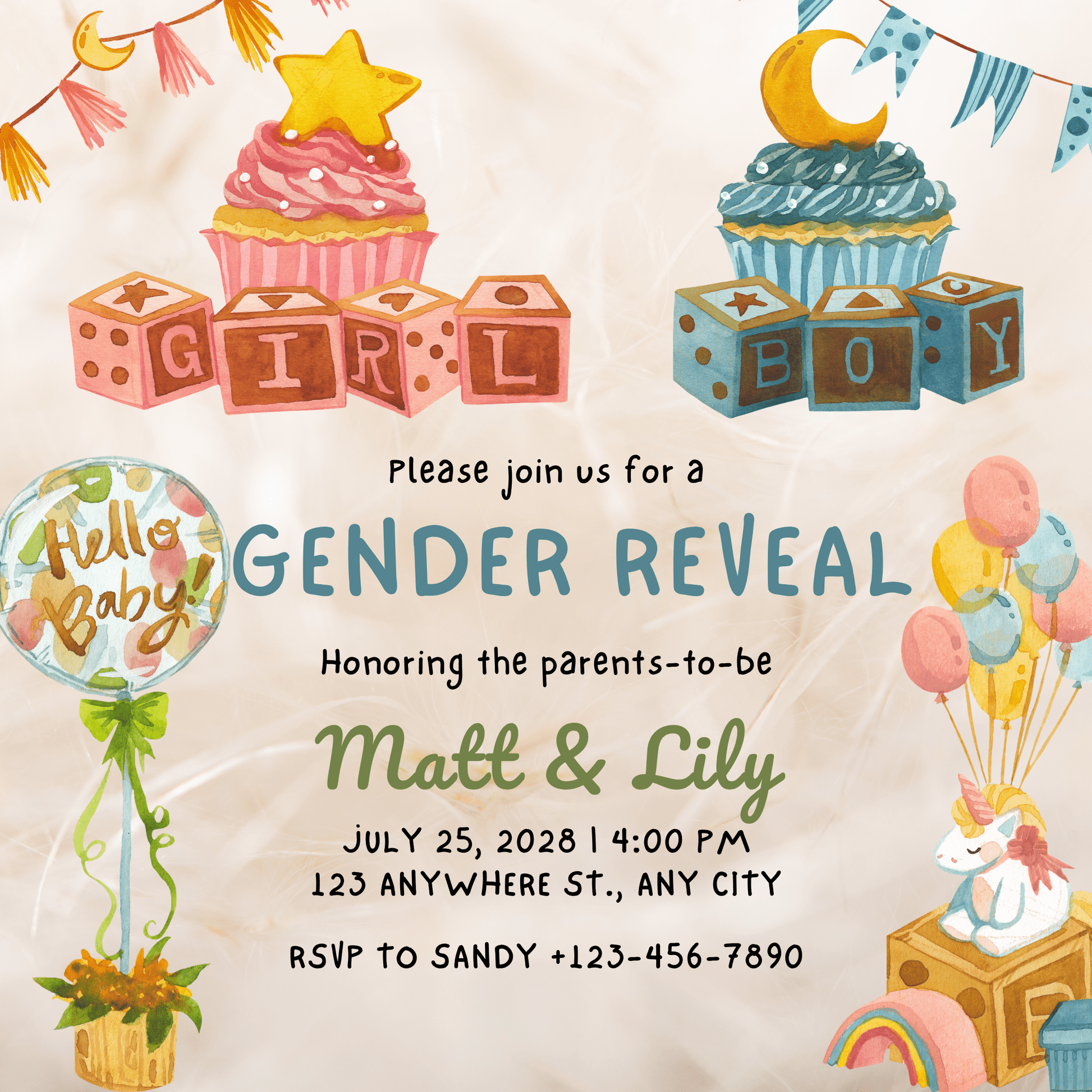 JMiY Invitations Bunting Personalized Gender Reveal Invitation – Digital Download | Custom Baby Reveal Party Invite | Emailed PDF or JPG